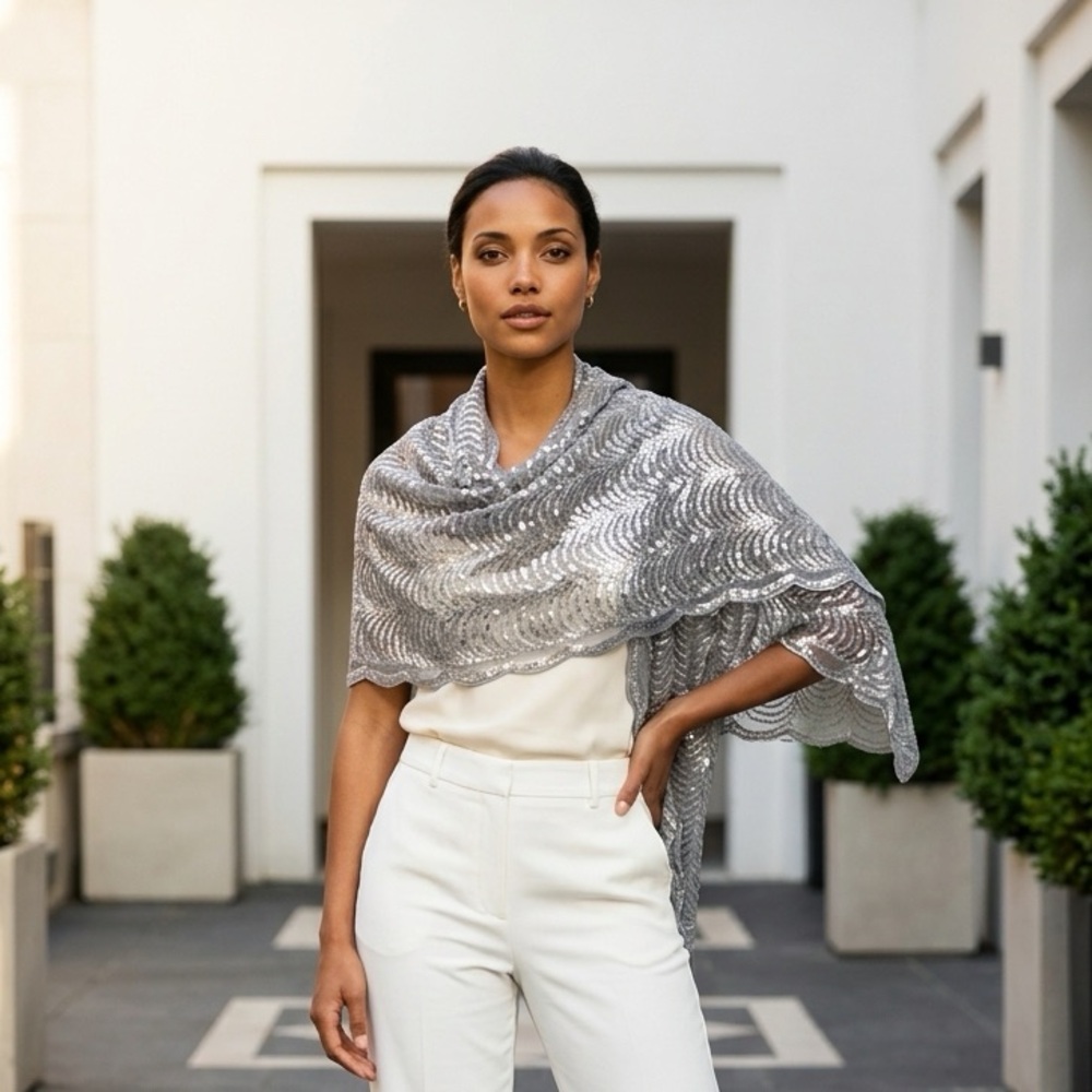 Silver Scalloped mesh sequin shawl!
